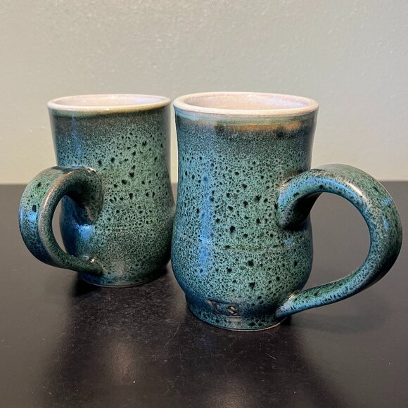 Pair of Handcrafted Green Glaze CS Pottery Mugs w/ Large Black Speckles - Picture 1 of 13